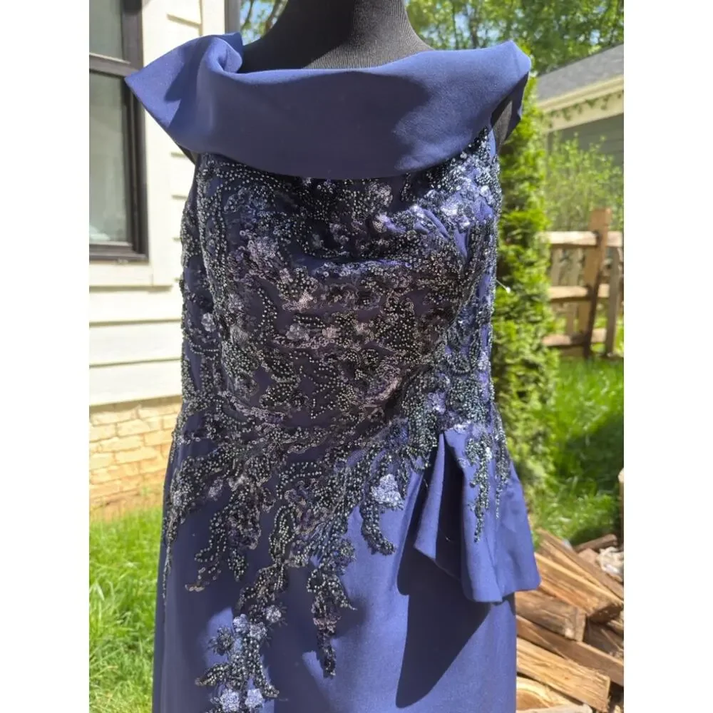 Feriani Couture Navy Off Shoulder Gown Size 16 Sequin Evening Dress - Picture 5 of 11